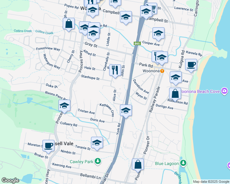 map of restaurants, bars, coffee shops, grocery stores, and more near Alice Street in Woonona