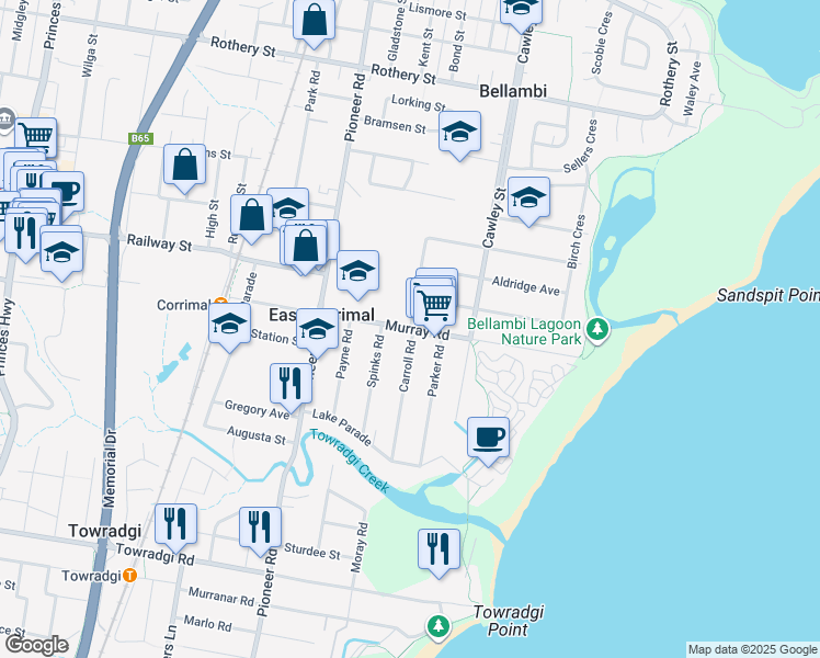 map of restaurants, bars, coffee shops, grocery stores, and more near Murray Road in East Corrimal