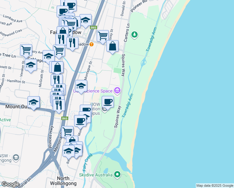 map of restaurants, bars, coffee shops, grocery stores, and more near in North Wollongong