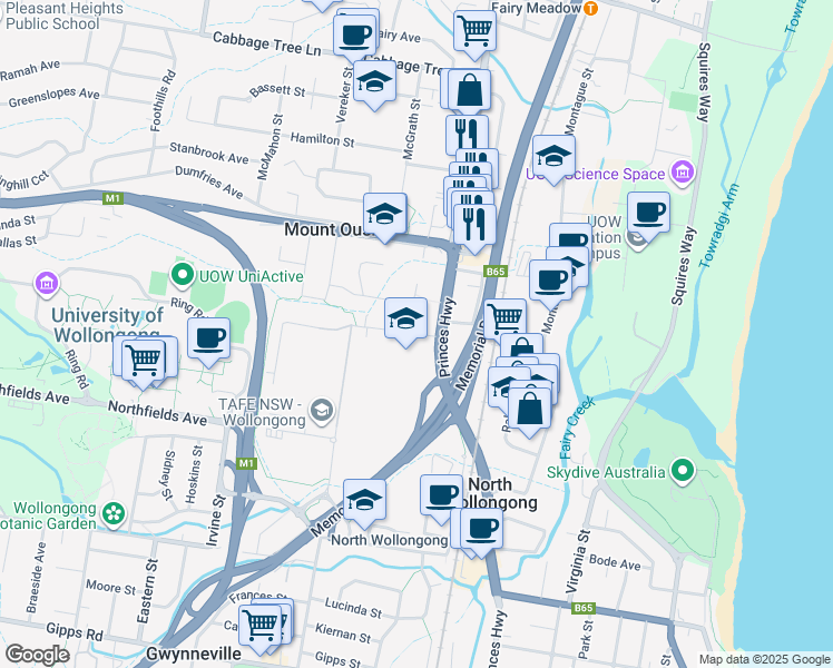 map of restaurants, bars, coffee shops, grocery stores, and more near Lysaght Street in North Wollongong