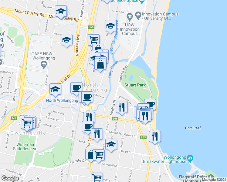 map of restaurants, bars, coffee shops, grocery stores, and more near 4 Virginia Street in North Wollongong