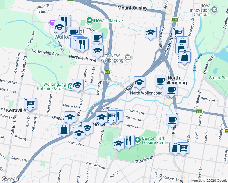 map of restaurants, bars, coffee shops, grocery stores, and more near 11 College Place in Gwynneville