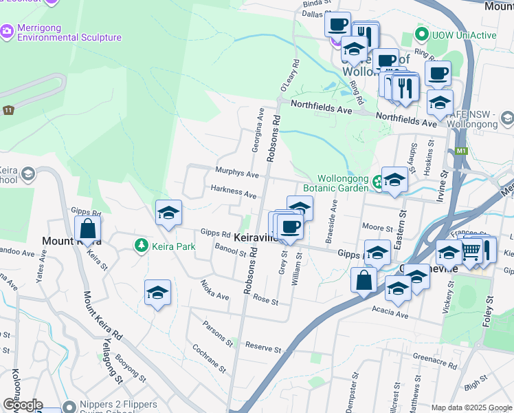 map of restaurants, bars, coffee shops, grocery stores, and more near 68 Robsons Road in Keiraville