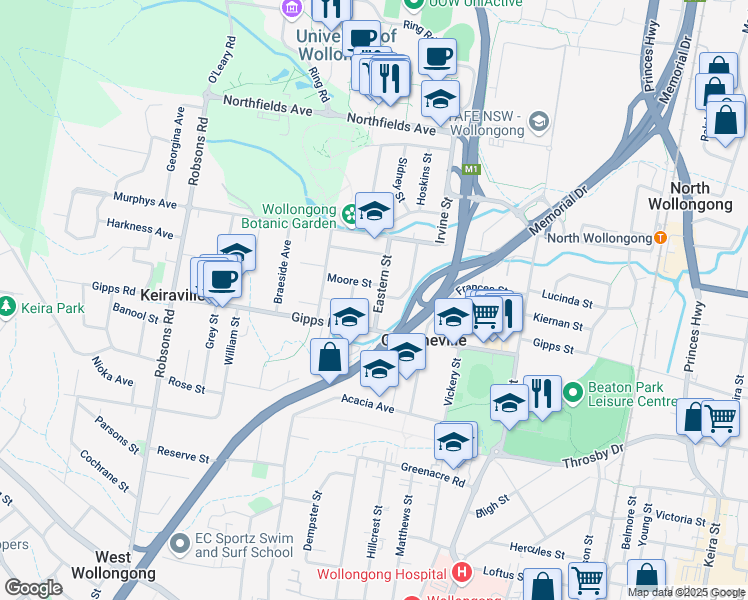 map of restaurants, bars, coffee shops, grocery stores, and more near 24 Eastern Street in Gwynneville