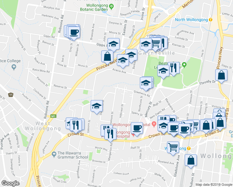 map of restaurants, bars, coffee shops, grocery stores, and more near in Gwynneville