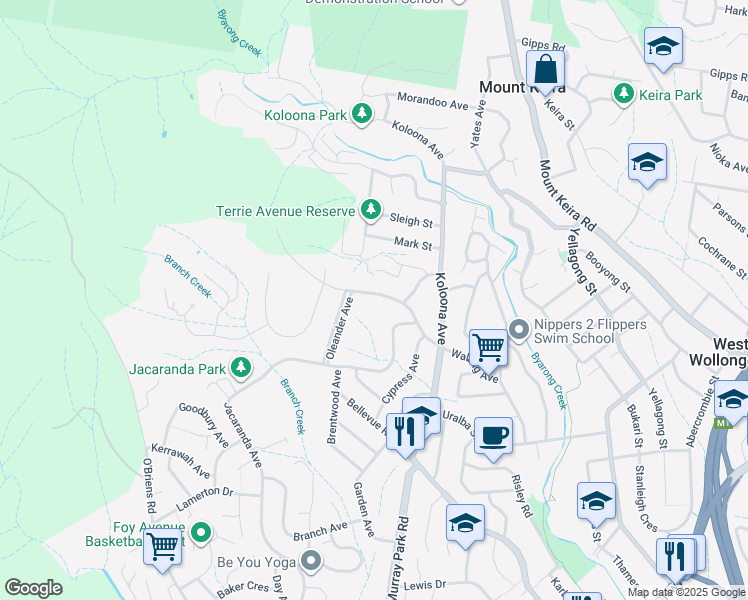 map of restaurants, bars, coffee shops, grocery stores, and more near 62 Walang Avenue in Figtree