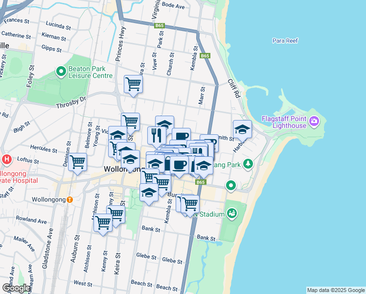 map of restaurants, bars, coffee shops, grocery stores, and more near 45 Kembla Street in Wollongong