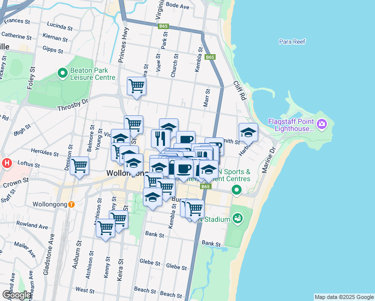 map of restaurants, bars, coffee shops, grocery stores, and more near 45 Kembla Street in Wollongong