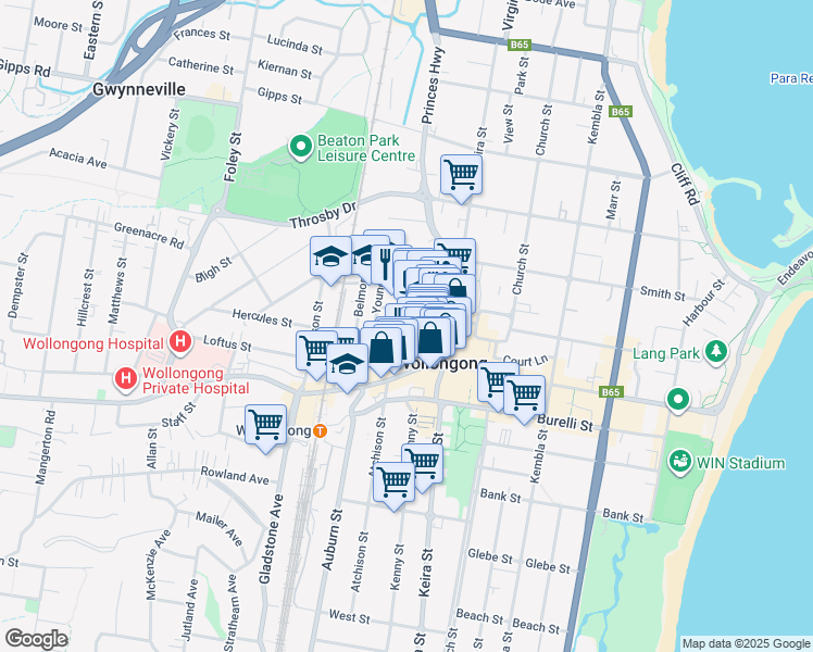 map of restaurants, bars, coffee shops, grocery stores, and more near 77 Market Street in Wollongong