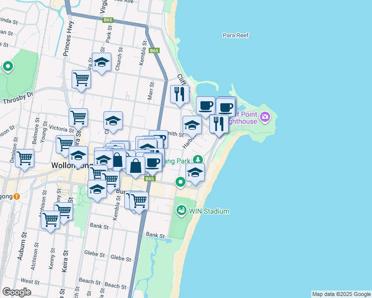 map of restaurants, bars, coffee shops, grocery stores, and more near 15 Harbour Street in Wollongong