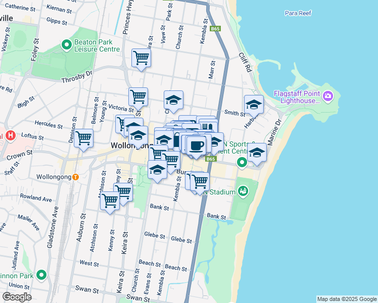 map of restaurants, bars, coffee shops, grocery stores, and more near 90 Crown Street in Wollongong