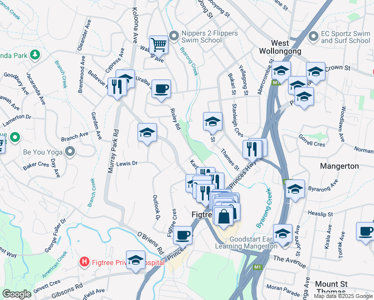 map of restaurants, bars, coffee shops, grocery stores, and more near 54 Risley Road in Figtree