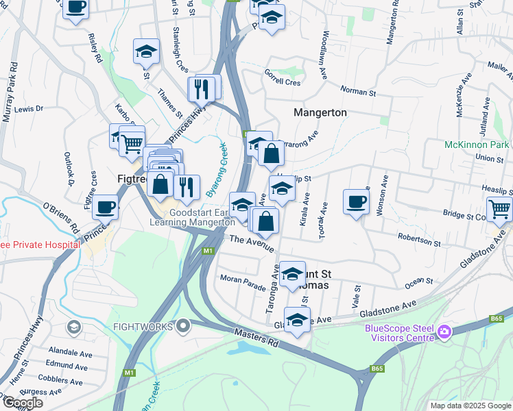 map of restaurants, bars, coffee shops, grocery stores, and more near 98 Saint Johns Avenue in Mangerton