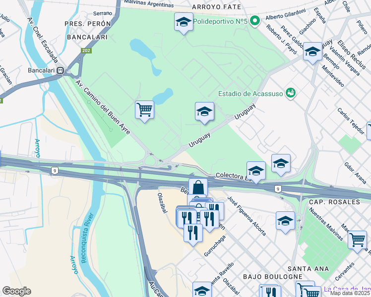 map of restaurants, bars, coffee shops, grocery stores, and more near 7286 Uruguay in Boulogne