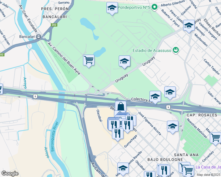 map of restaurants, bars, coffee shops, grocery stores, and more near 7286 Uruguay in Boulogne