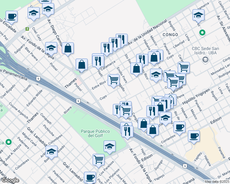 map of restaurants, bars, coffee shops, grocery stores, and more near 3422 Cuyo in Martínez