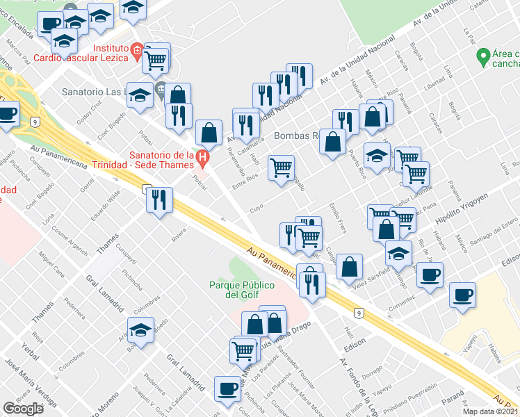 map of restaurants, bars, coffee shops, grocery stores, and more near 3512 Cuyo in Martínez