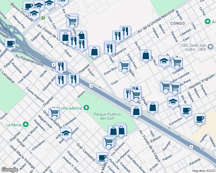 map of restaurants, bars, coffee shops, grocery stores, and more near 3512 Cuyo in Martínez