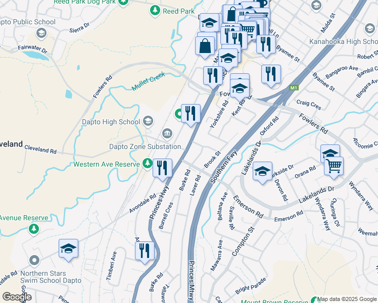 map of restaurants, bars, coffee shops, grocery stores, and more near 161 Princes Highway in Dapto