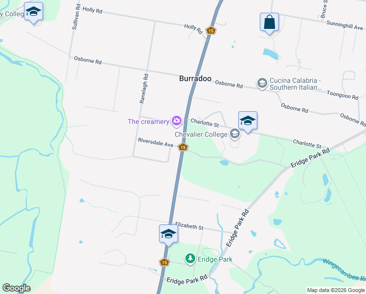map of restaurants, bars, coffee shops, grocery stores, and more near Moss Vale Road in Burradoo