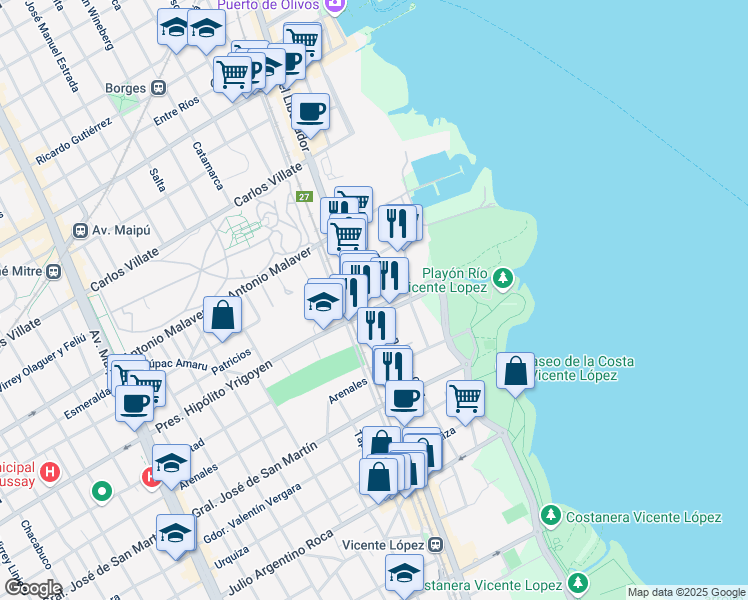 map of restaurants, bars, coffee shops, grocery stores, and more near 571 Presidente Hipólito Yrigoyen in Vicente López