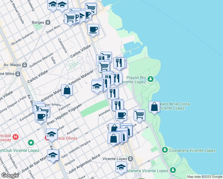 map of restaurants, bars, coffee shops, grocery stores, and more near 571 Presidente Hipólito Yrigoyen in Vicente López