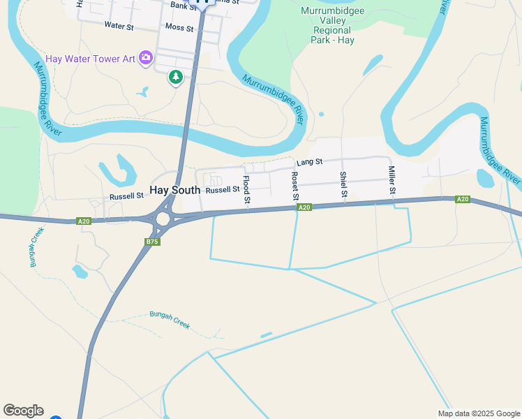 map of restaurants, bars, coffee shops, grocery stores, and more near 7 Moama Street in Hay South