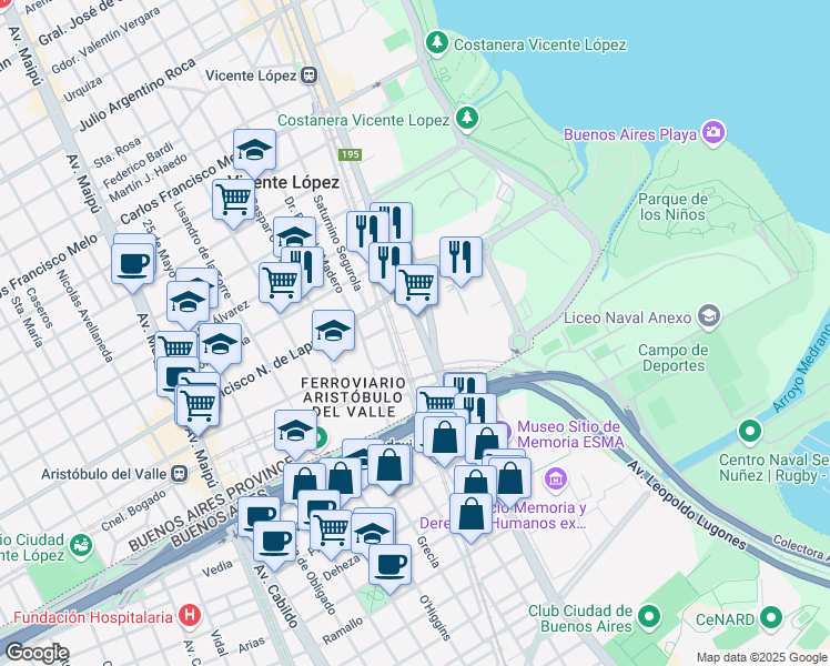 map of restaurants, bars, coffee shops, grocery stores, and more near 174 Avenida del Libertador General San Martín in Vicente López
