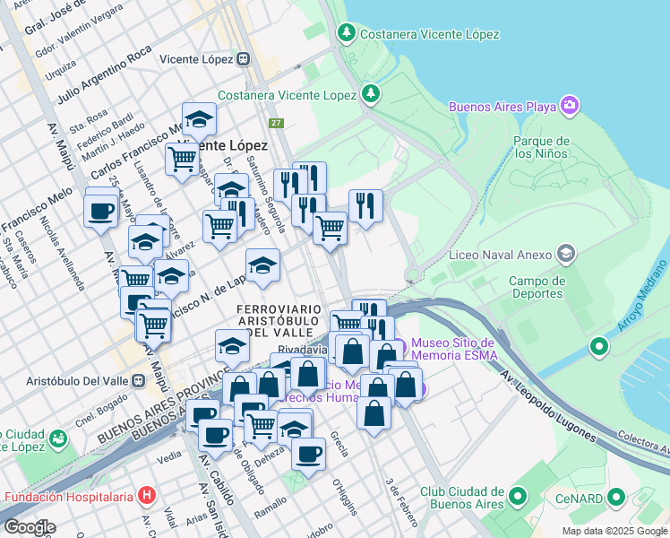 map of restaurants, bars, coffee shops, grocery stores, and more near 174 Avenida del Libertador General San Martín in Vicente López