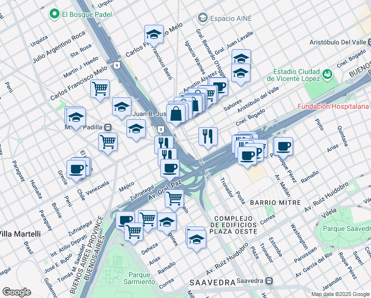 map of restaurants, bars, coffee shops, grocery stores, and more near 51 Blas Parera in Florida