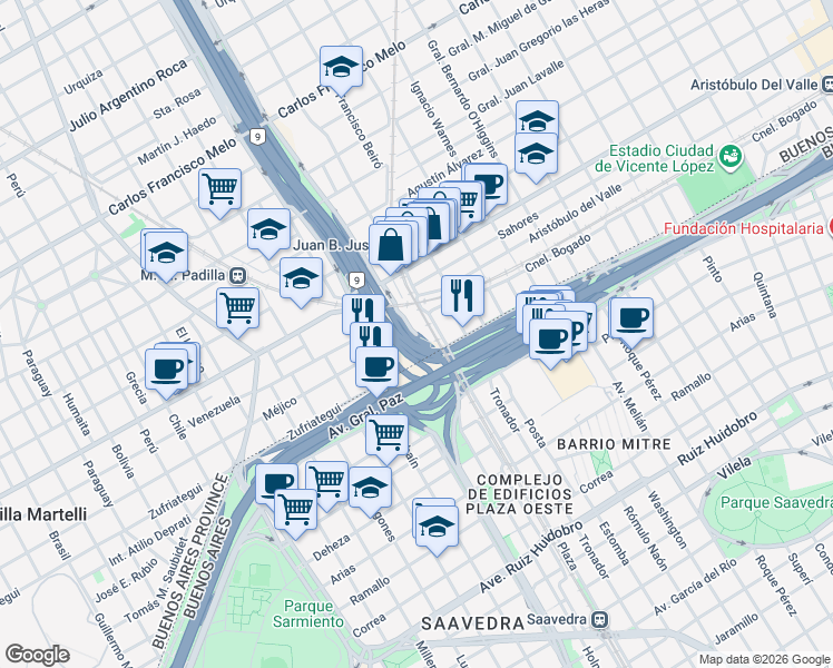 map of restaurants, bars, coffee shops, grocery stores, and more near 51 Blas Parera in Florida