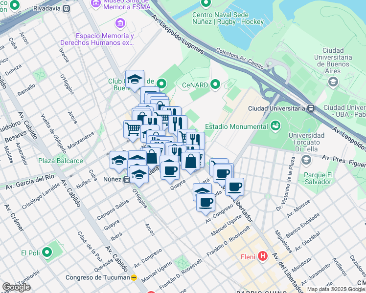 map of restaurants, bars, coffee shops, grocery stores, and more near 7208 Avenida del Libertador in C1429BMS