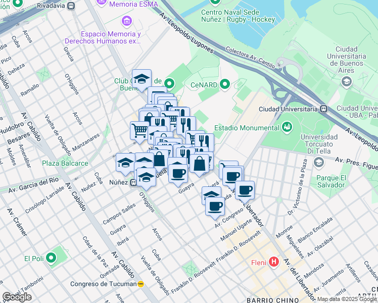 map of restaurants, bars, coffee shops, grocery stores, and more near 7208 Avenida del Libertador in C1429BMS