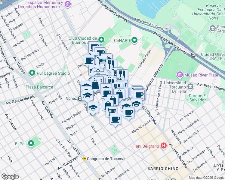 map of restaurants, bars, coffee shops, grocery stores, and more near 1565 Campos Salles in Buenos Aires