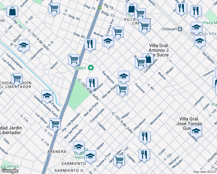 map of restaurants, bars, coffee shops, grocery stores, and more near 6128 San Pedro in Villa Ballester