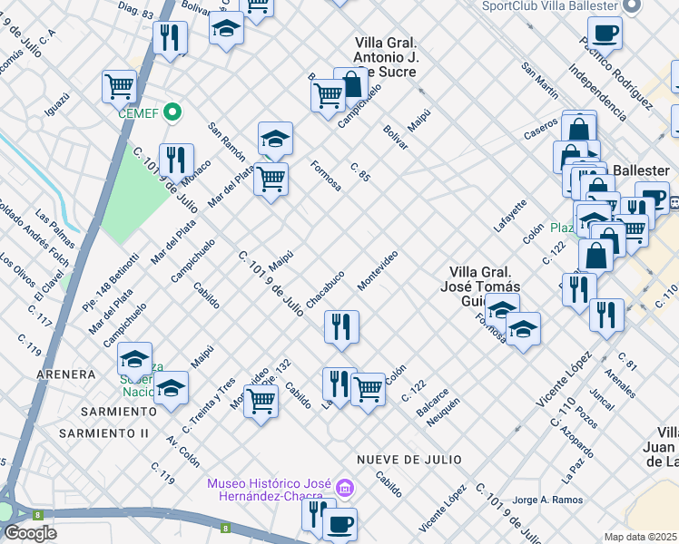 map of restaurants, bars, coffee shops, grocery stores, and more near 3993 Chacabuco in Villa Ballester