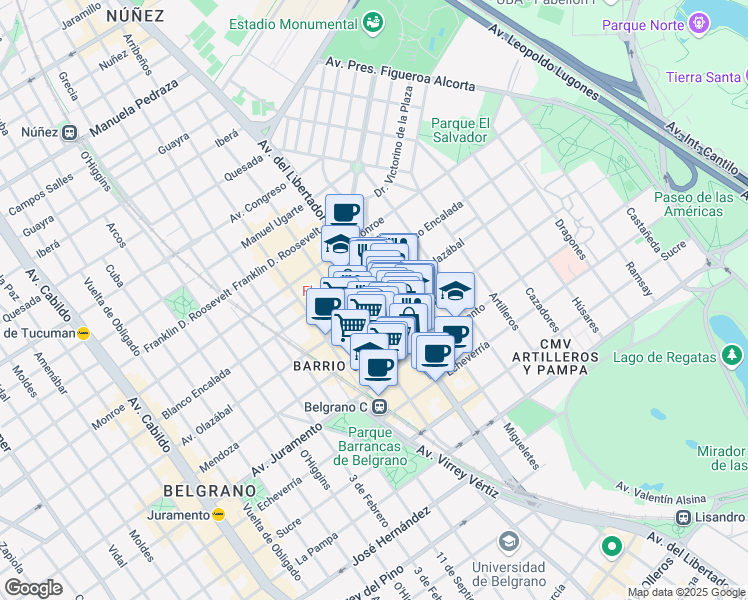 map of restaurants, bars, coffee shops, grocery stores, and more near 6200 Avenida del Libertador in Buenos Aires
