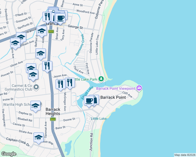 map of restaurants, bars, coffee shops, grocery stores, and more near 133 Osborne Parade in Warilla