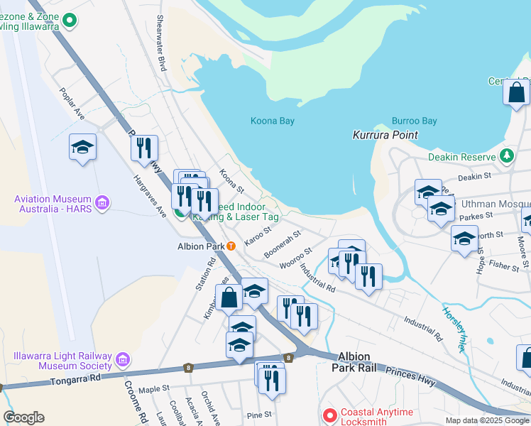 map of restaurants, bars, coffee shops, grocery stores, and more near 50 Koona Street in Albion Park Rail