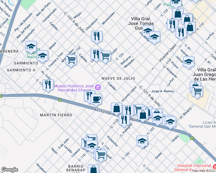 map of restaurants, bars, coffee shops, grocery stores, and more near 4548 Martín Fierro in Villa Ballester
