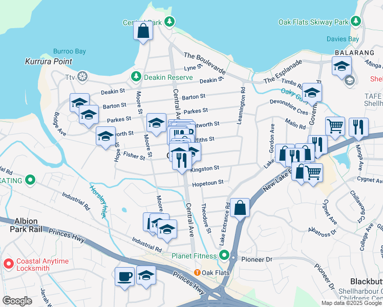 map of restaurants, bars, coffee shops, grocery stores, and more near 42 Fisher Street in Oak Flats