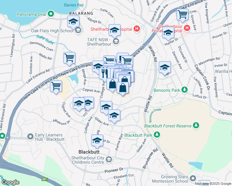 map of restaurants, bars, coffee shops, grocery stores, and more near in Shellharbour City Centre