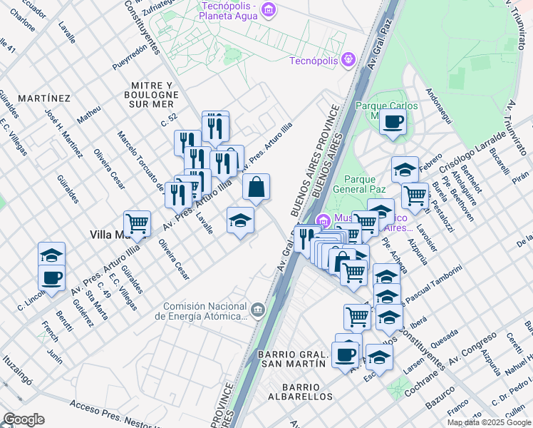 map of restaurants, bars, coffee shops, grocery stores, and more near 1350 Avenida de los Constituyentes in Villa Martelli