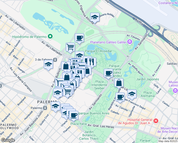 map of restaurants, bars, coffee shops, grocery stores, and more near 3540 Avenida del Libertador in Buenos Aires