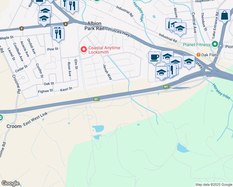 map of restaurants, bars, coffee shops, grocery stores, and more near East West Link in Albion Park Rail