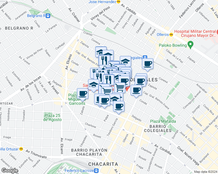 map of restaurants, bars, coffee shops, grocery stores, and more near 3229 Céspedes in Comuna 13