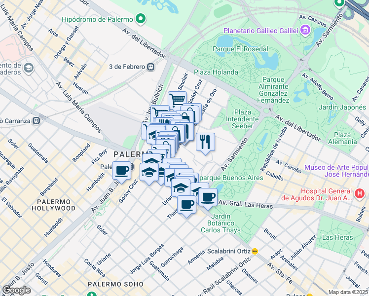 map of restaurants, bars, coffee shops, grocery stores, and more near 4450 Juncal in Comuna 14