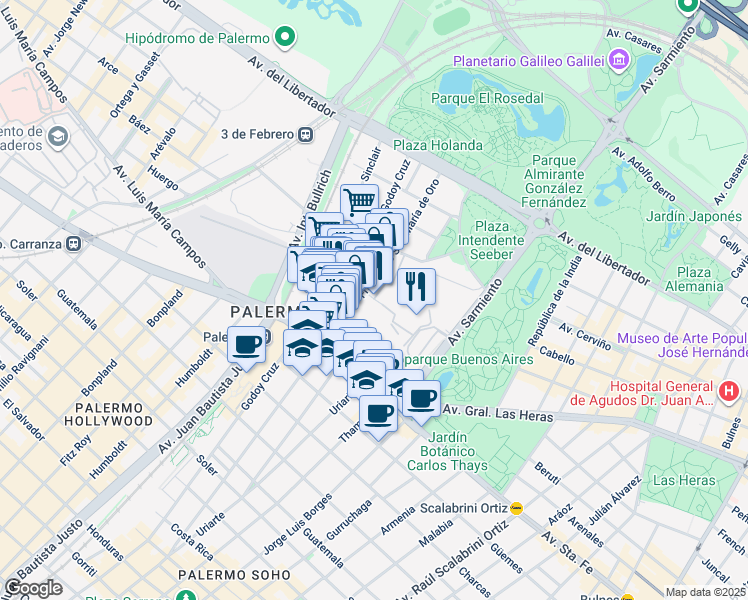map of restaurants, bars, coffee shops, grocery stores, and more near 4450 Juncal in Comuna 14