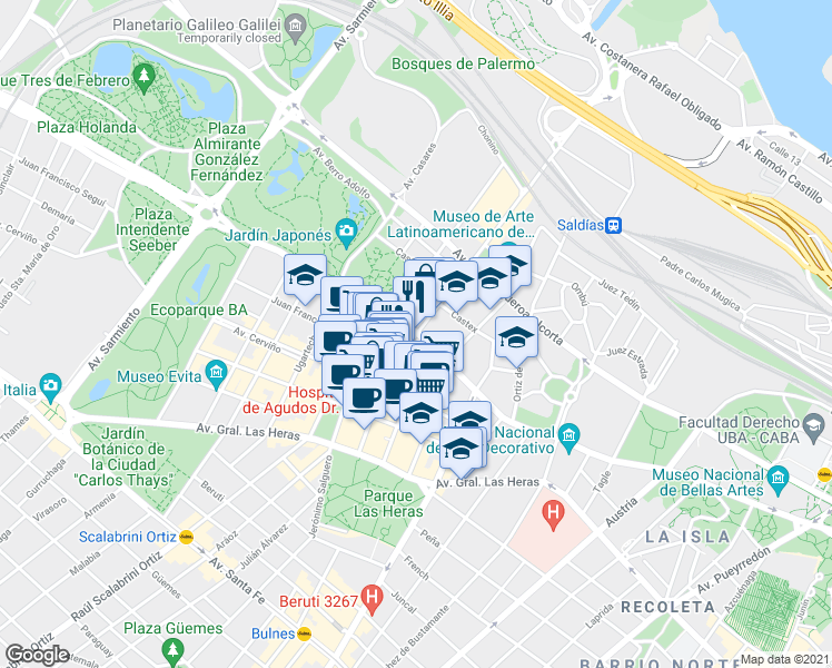 map of restaurants, bars, coffee shops, grocery stores, and more near 2902 Silvio L. Ruggieri in Comuna 14