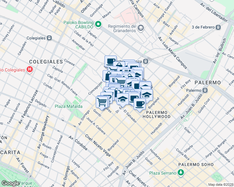 map of restaurants, bars, coffee shops, grocery stores, and more near in Comuna 14